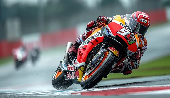 Un pilote de MotoGP qui se penche avec audace dans un virage sur une moto de course, faisant preuve de précision, de vitesse et d'un talent de pilote professionnel sur circuit.